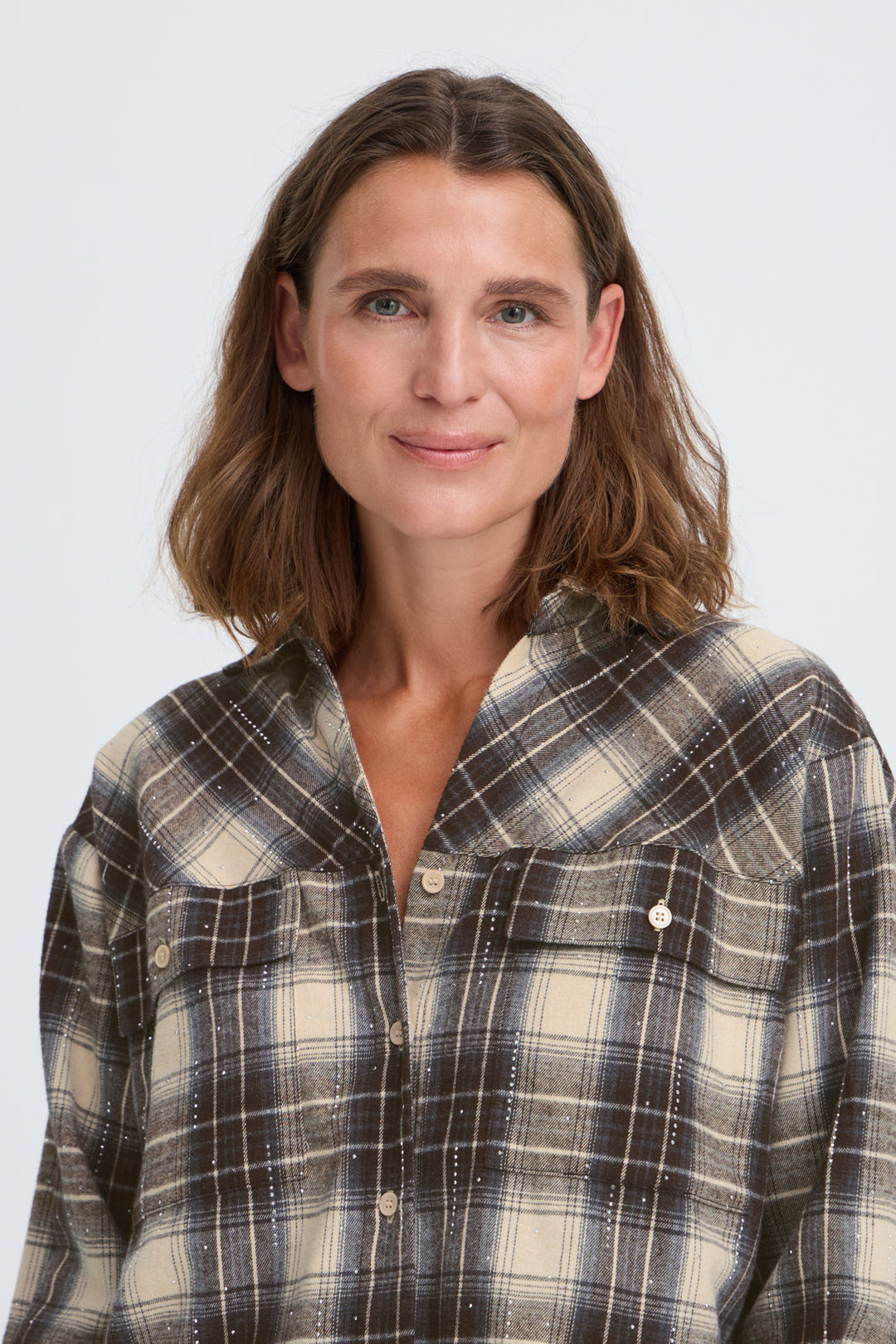 PZKAMMA OVERSIZED SHIRT - BEIGE ESPRESSO CHECK