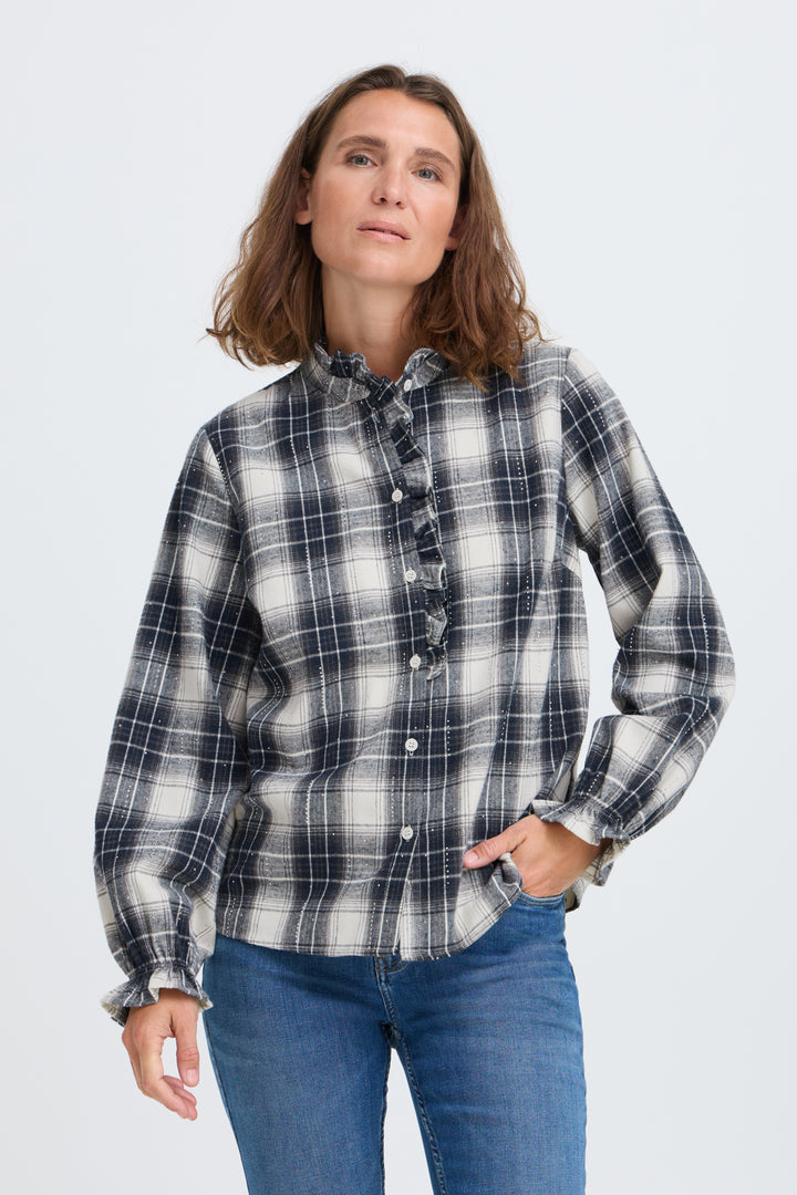 PZKAMMA FRILL SHIRT - BLUE BEIGE CHECK
