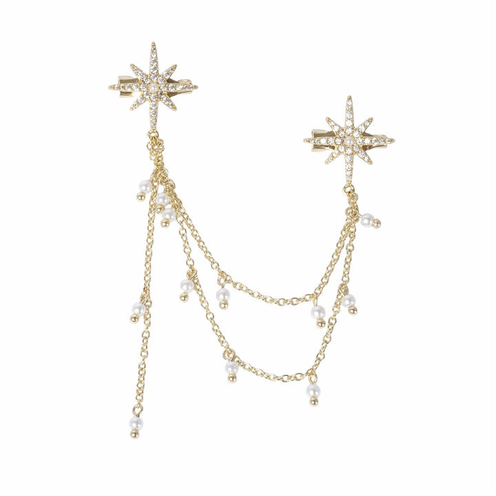 Twin Star Broche by Tone Damli - Gold/Crystal/Pearls