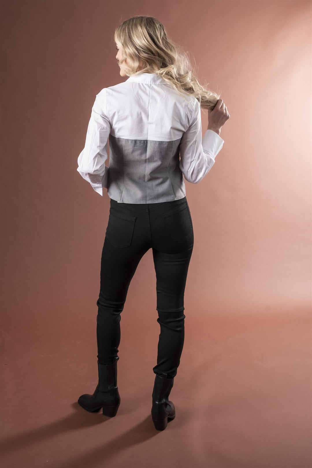 PollyCC Corsage Shirt - White w/Grey