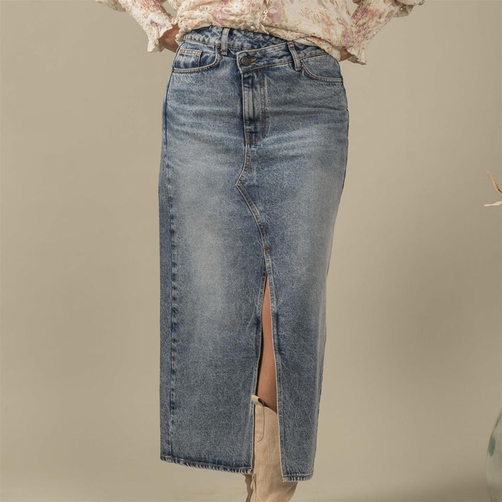 Vika Asym Slit Skirt - Vintage Blue Denim