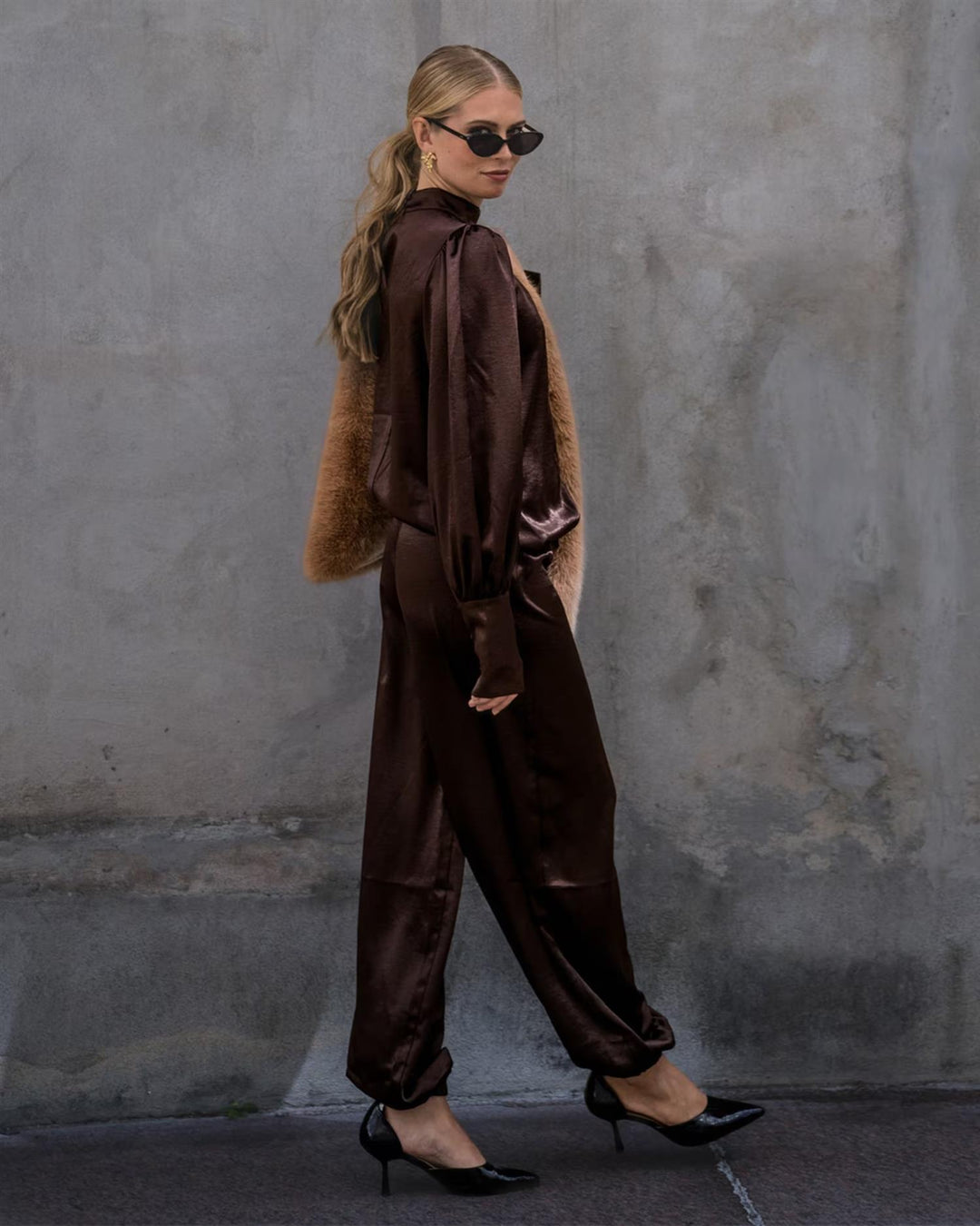 Aida Heavy Satin Blouse - Chocolate Brown