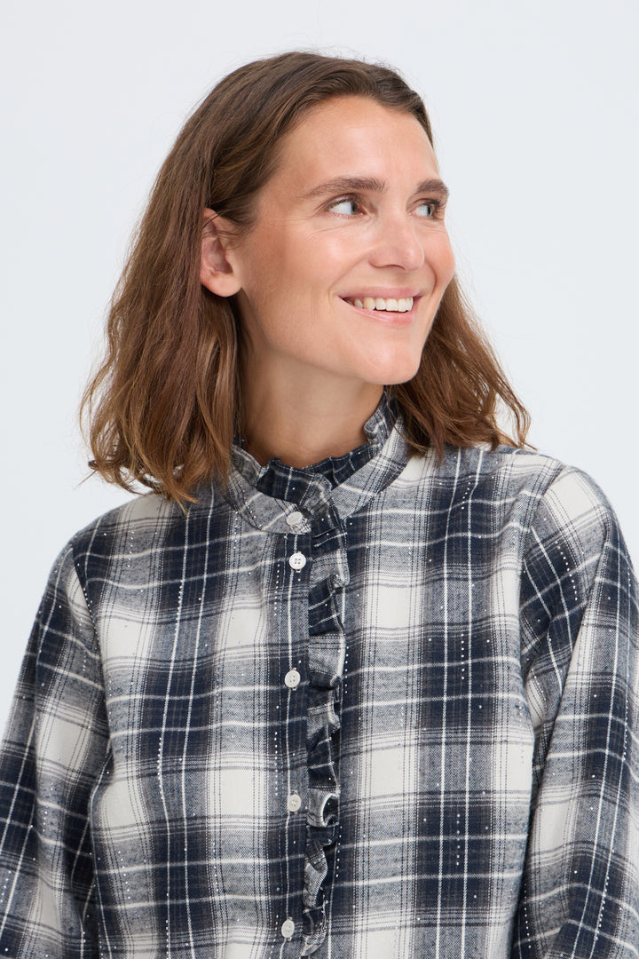 PZKAMMA FRILL SHIRT - BLUE BEIGE CHECK