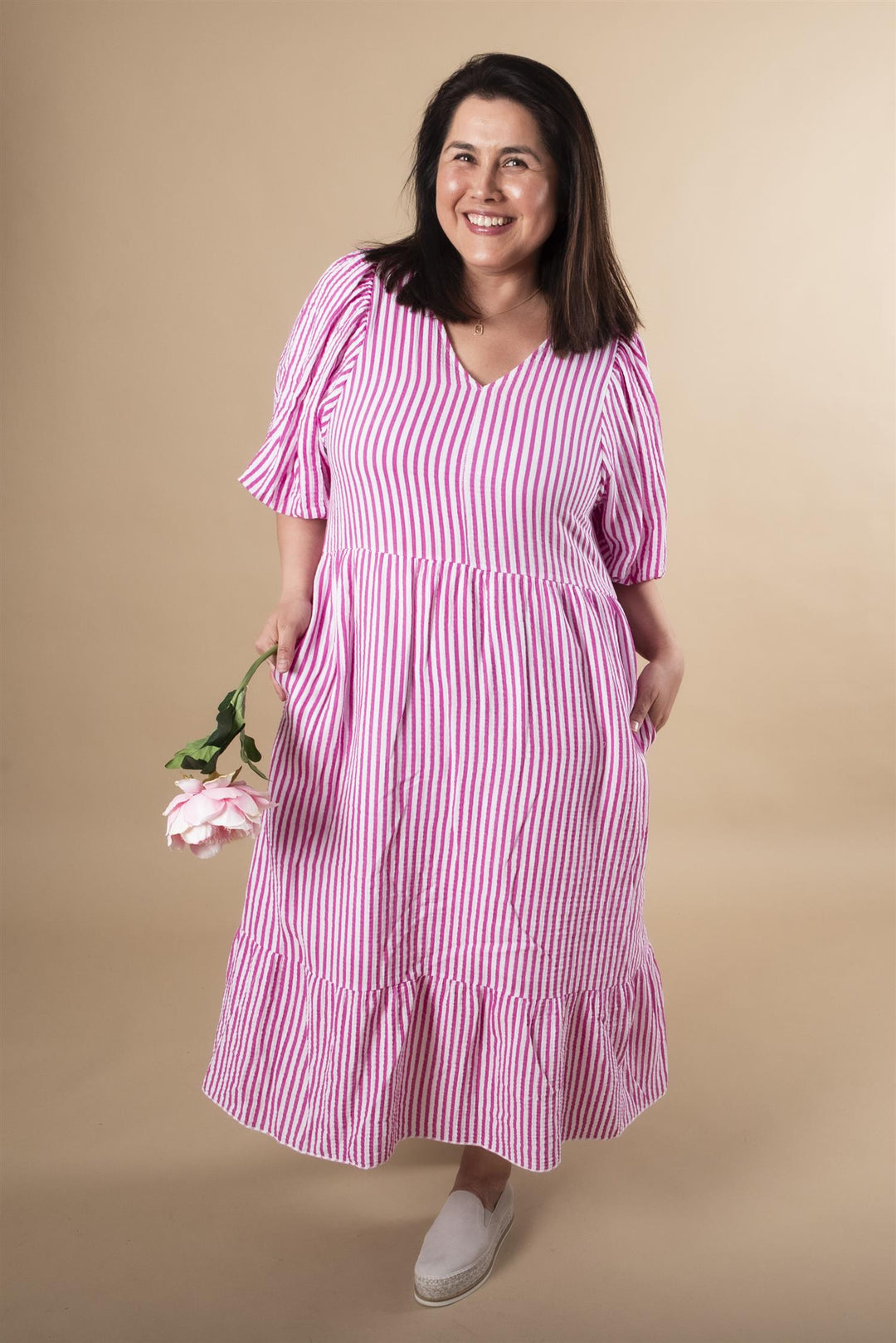 Margo Stripe Midi Dress - Cerise