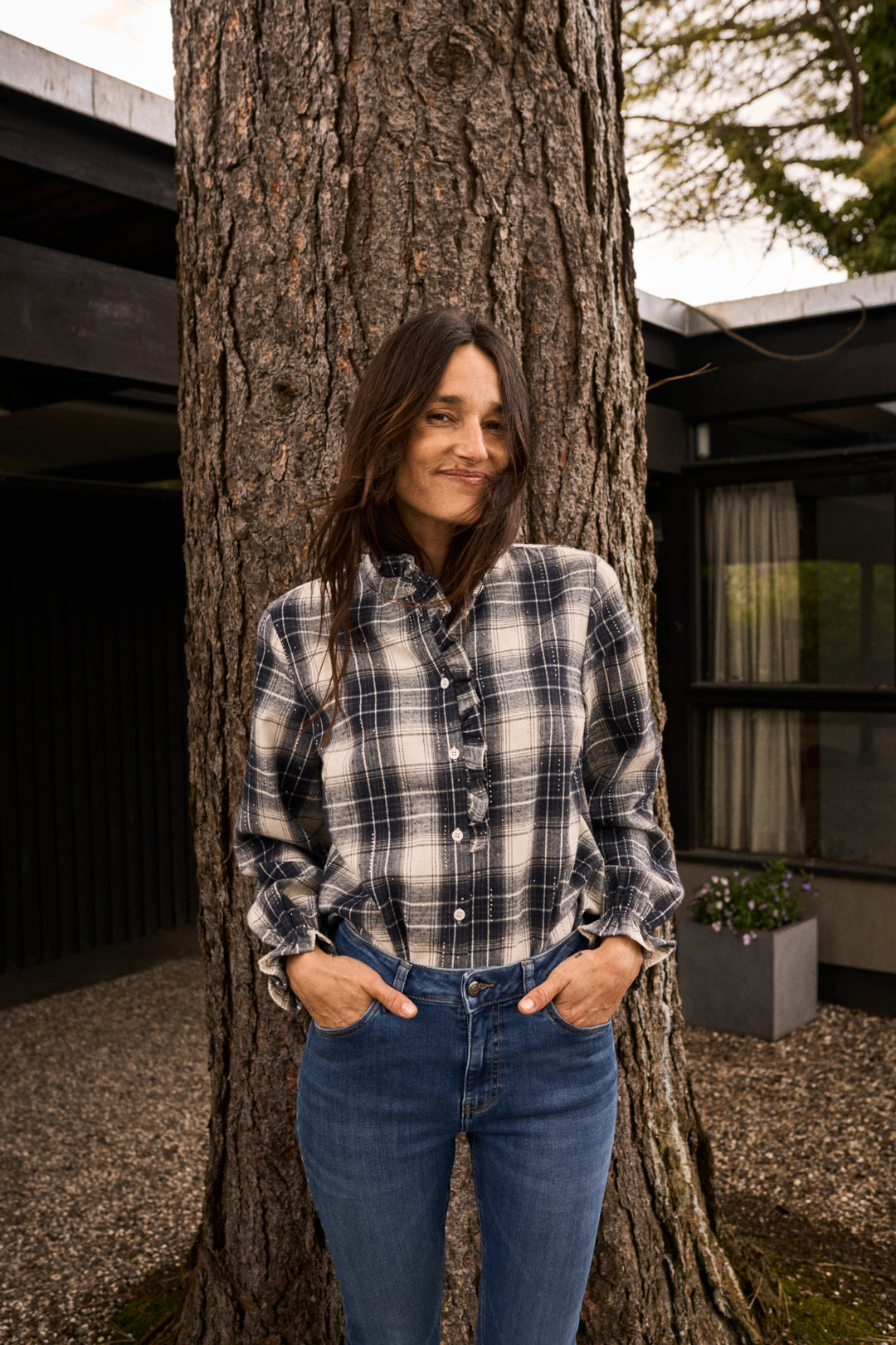 PZKAMMA FRILL SHIRT - BLUE BEIGE CHECK