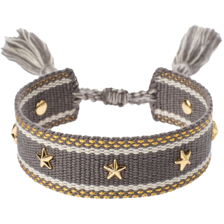 Woven Friendship Bracelet W/Star Studs - Grey w/Gold