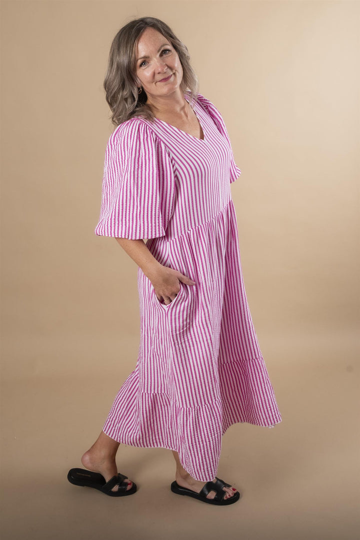 Margo Stripe Midi Dress - Cerise