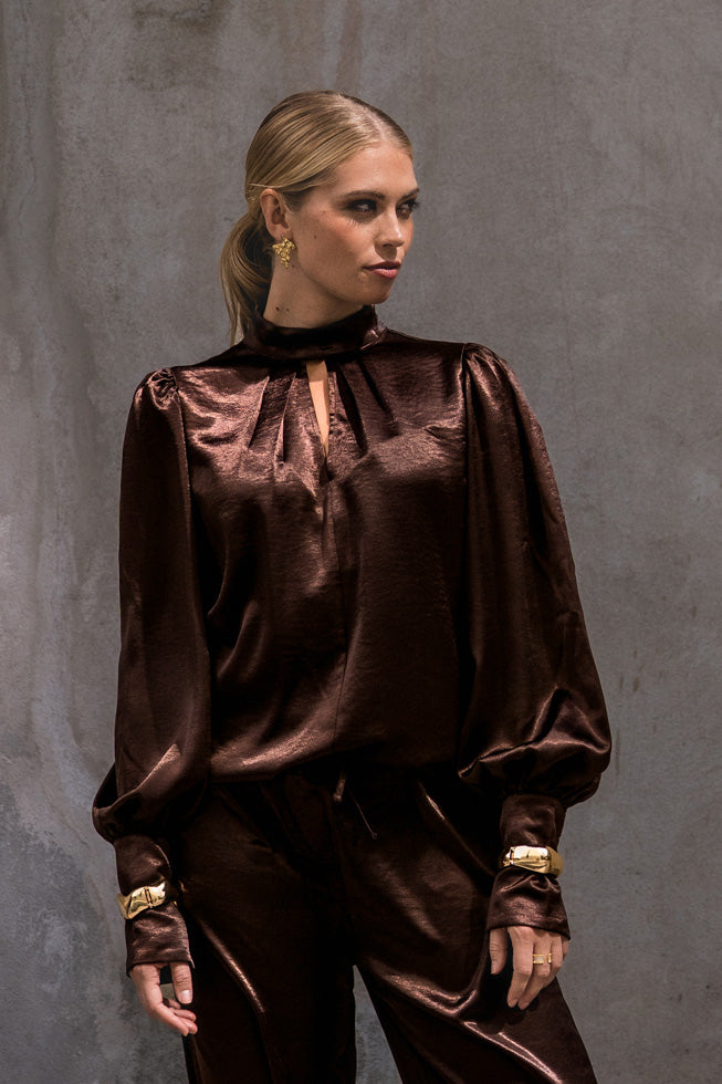 Aida Heavy Satin Blouse - Chocolate Brown