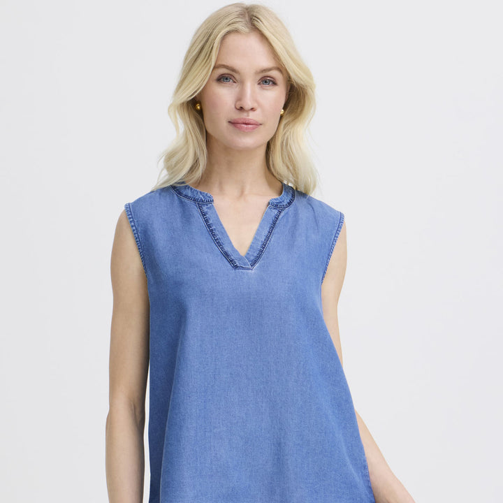 BYkosmo Sleeve Less Emrodery Shirt - Mid Blue Denim