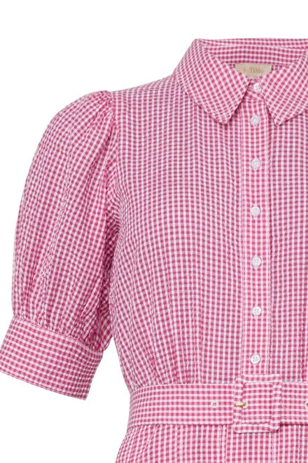 Seersucker Pleated Dress - Pink Checkes