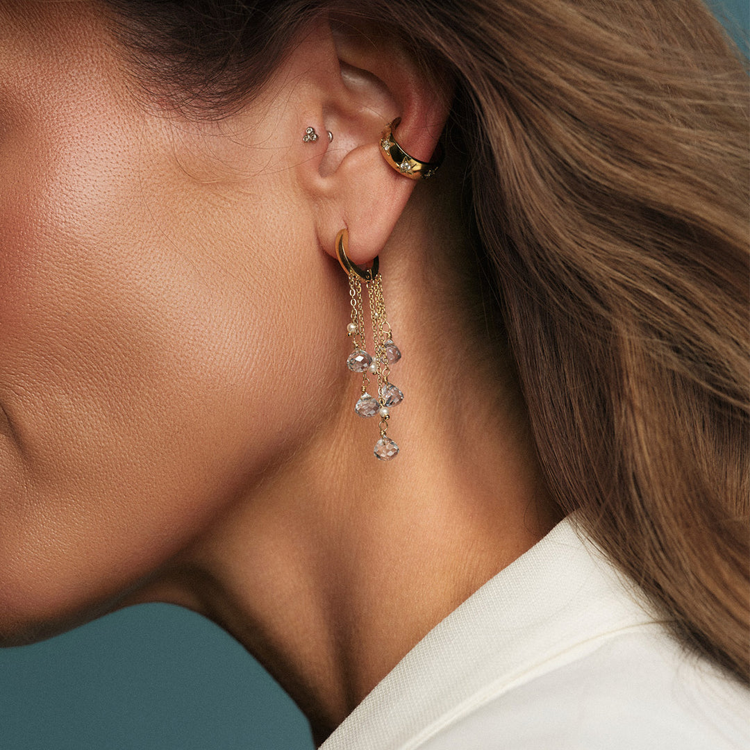 Skyfall Hoop Earring w/Chains by Tone Damli - Gold/Blue/Pearls