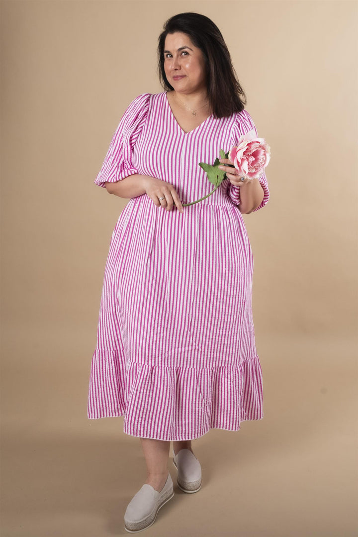 Margo Stripe Midi Dress - Cerise