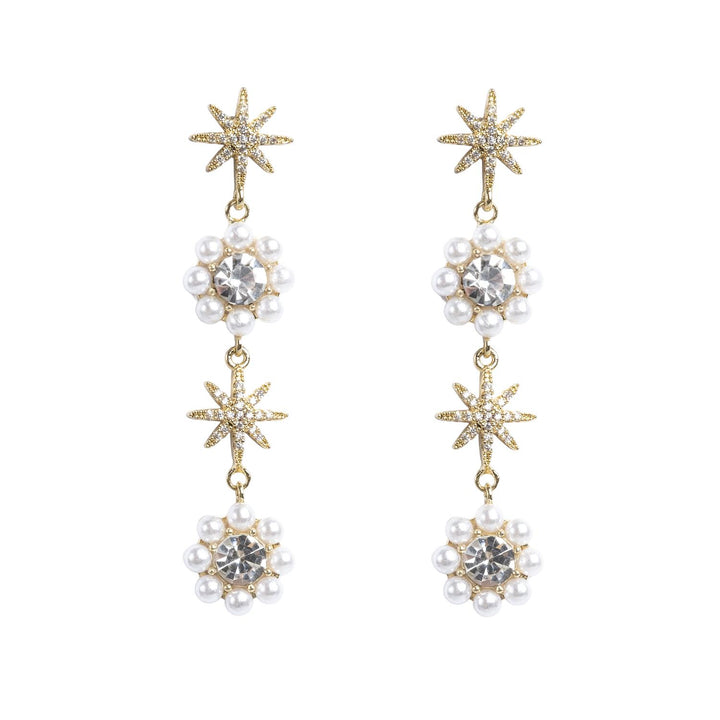 Cloud Dancer Statement Earrings by Tone Damli - Gold/Crystal/Pearls