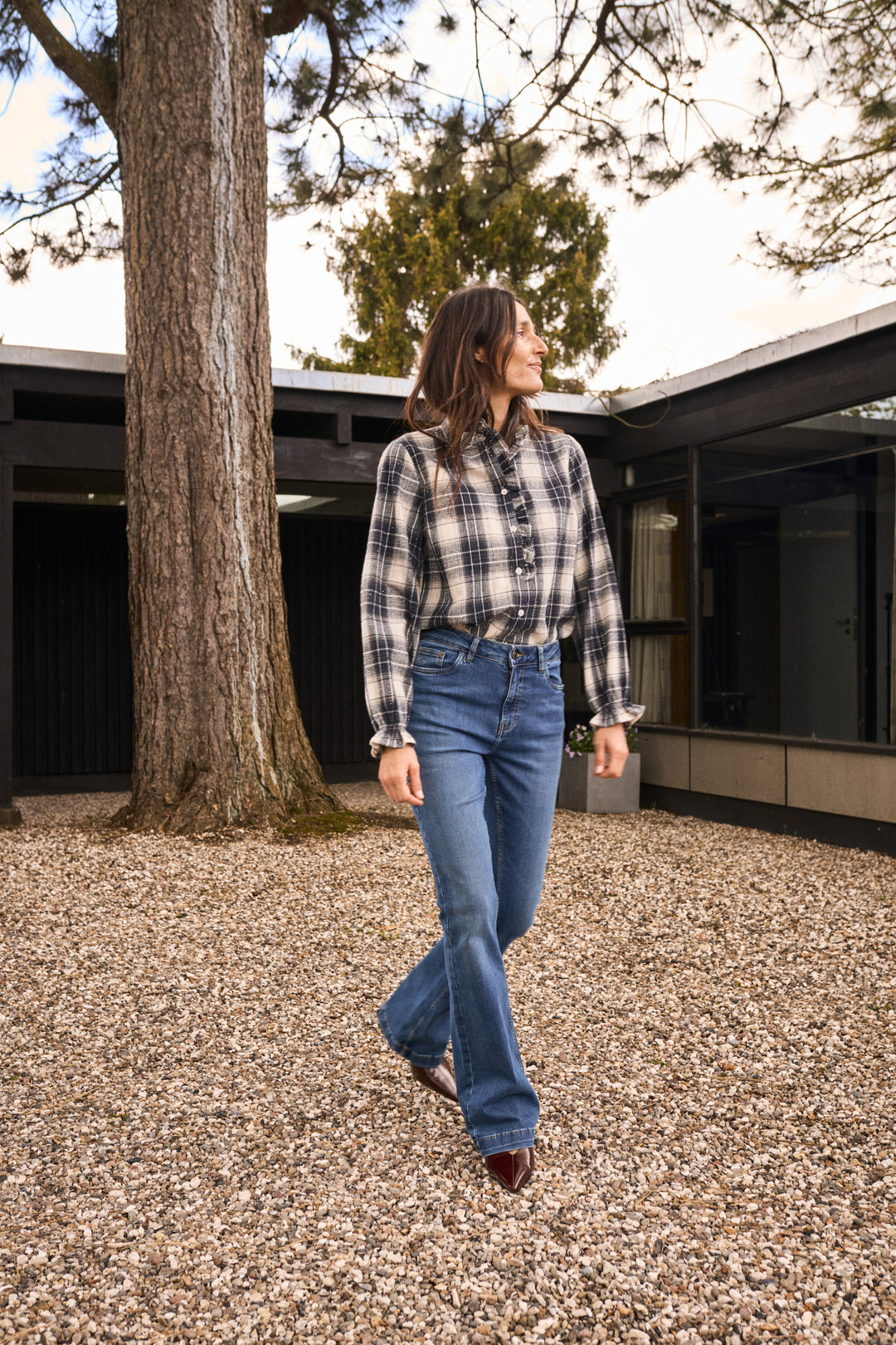 PZKAMMA FRILL SHIRT - BLUE BEIGE CHECK
