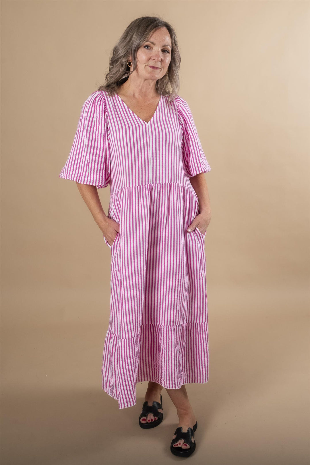 Margo Stripe Midi Dress - Cerise