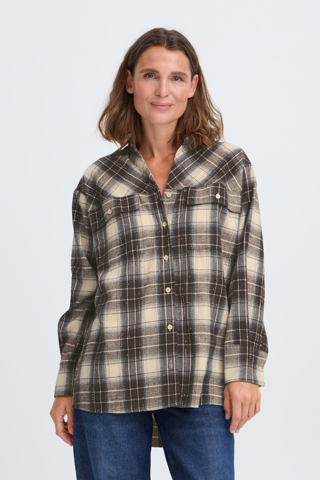 PZKAMMA OVERSIZED SHIRT - BEIGE ESPRESSO CHECK