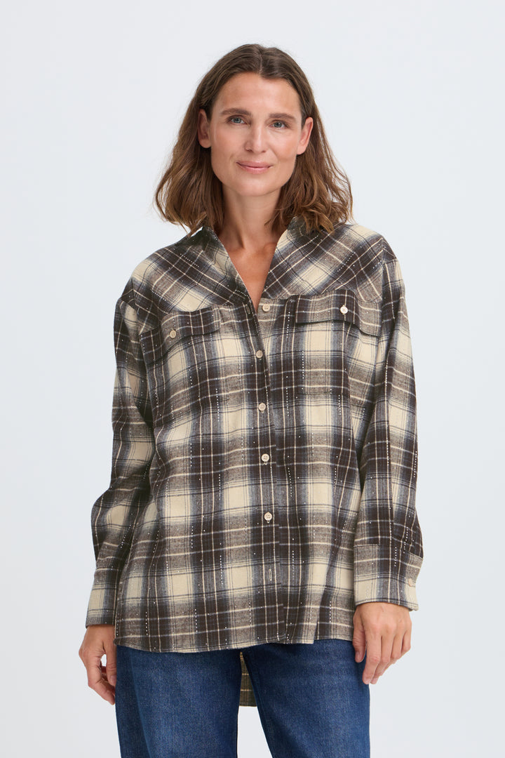 PZKAMMA OVERSIZED SHIRT - BEIGE ESPRESSO CHECK