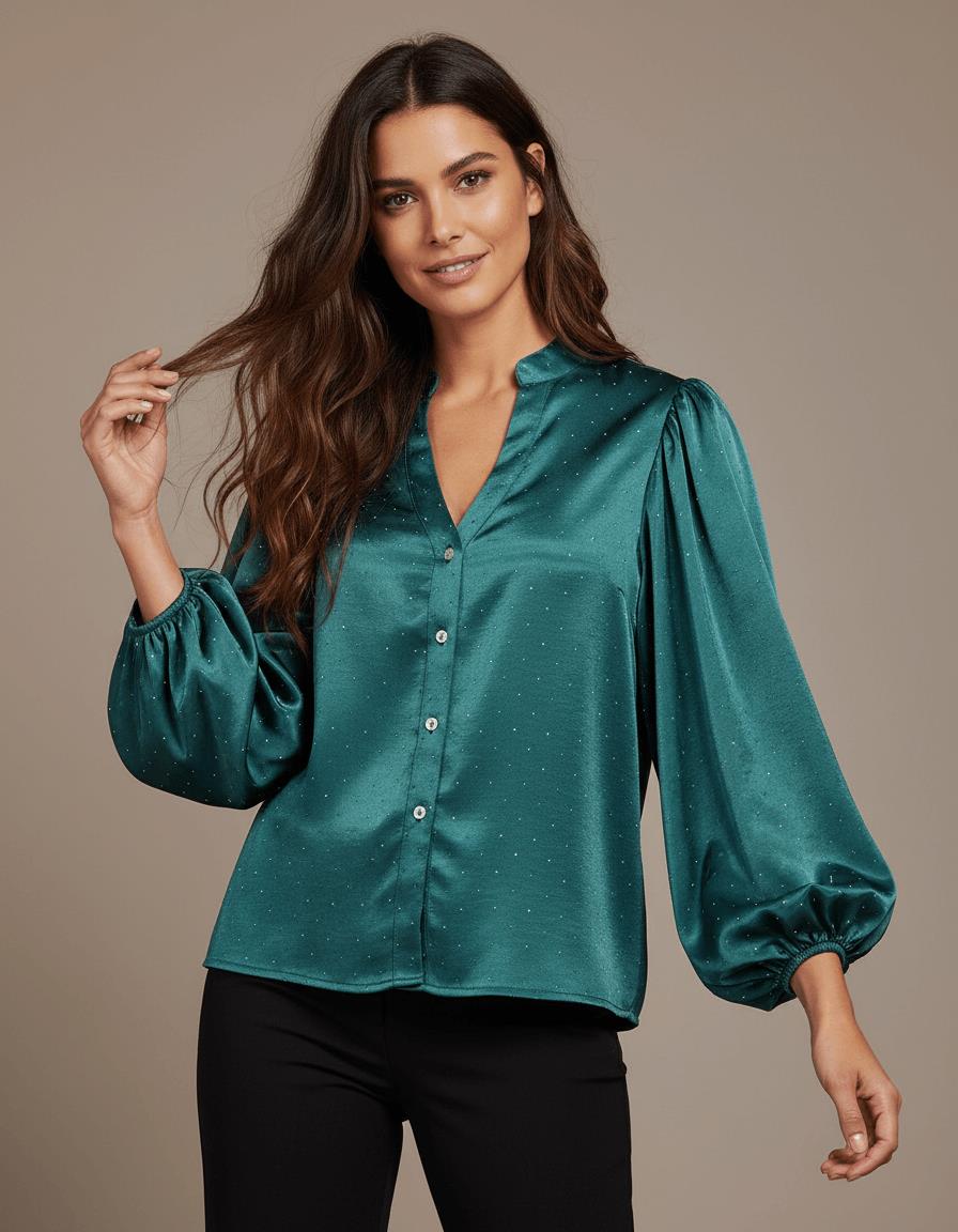 Nelly Heavy Satin Bling Blouse - Dk Green