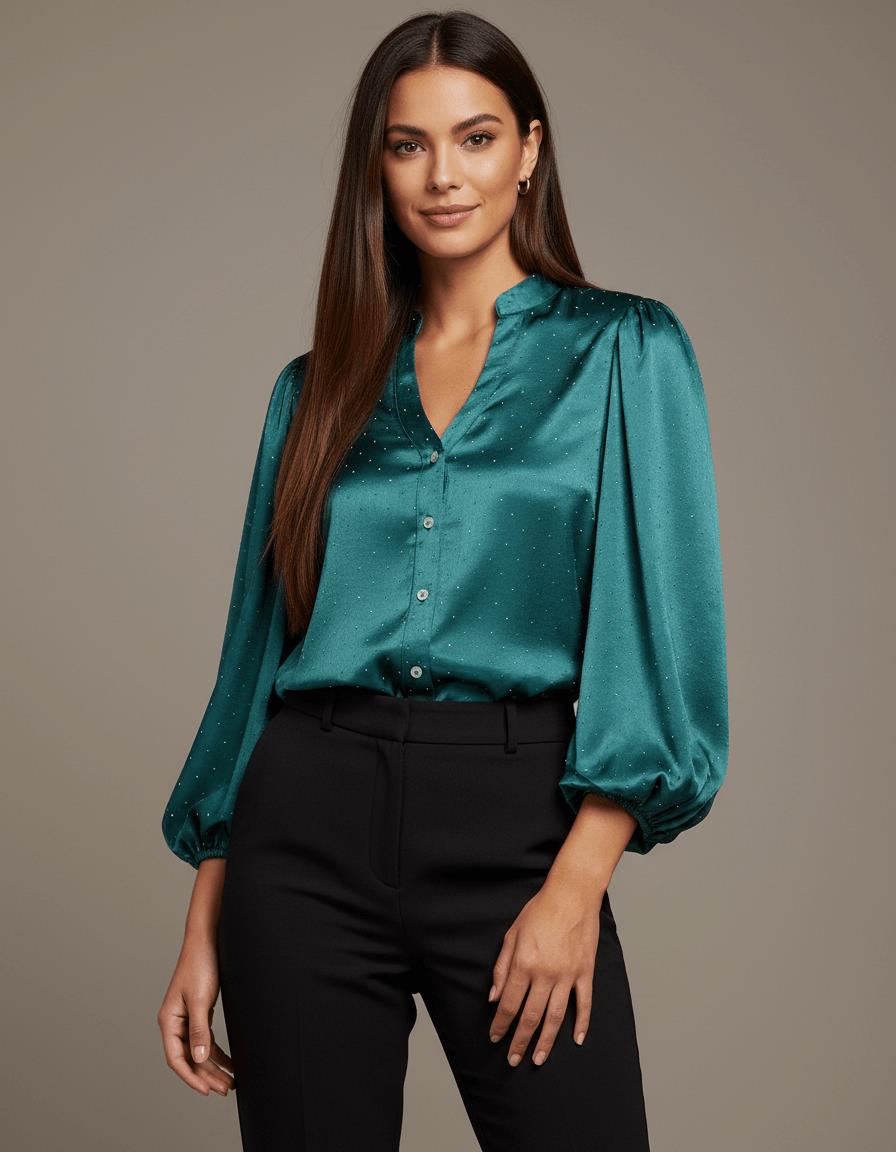Nelly Heavy Satin Bling Blouse - Dk Green