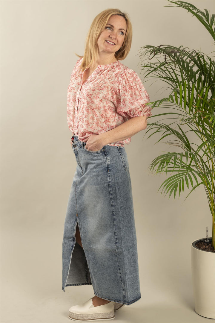Vika Asym Slit Skirt - Vintage Blue Denim