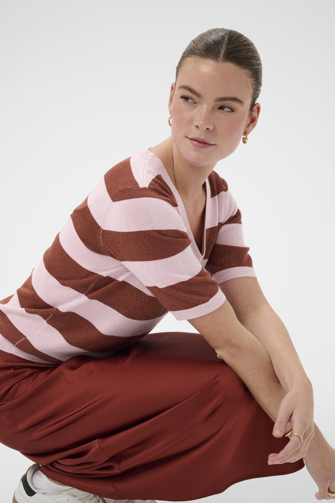 KAregina Stripe V-neck Pullover - Ballerina/Henna Shiny Stripe