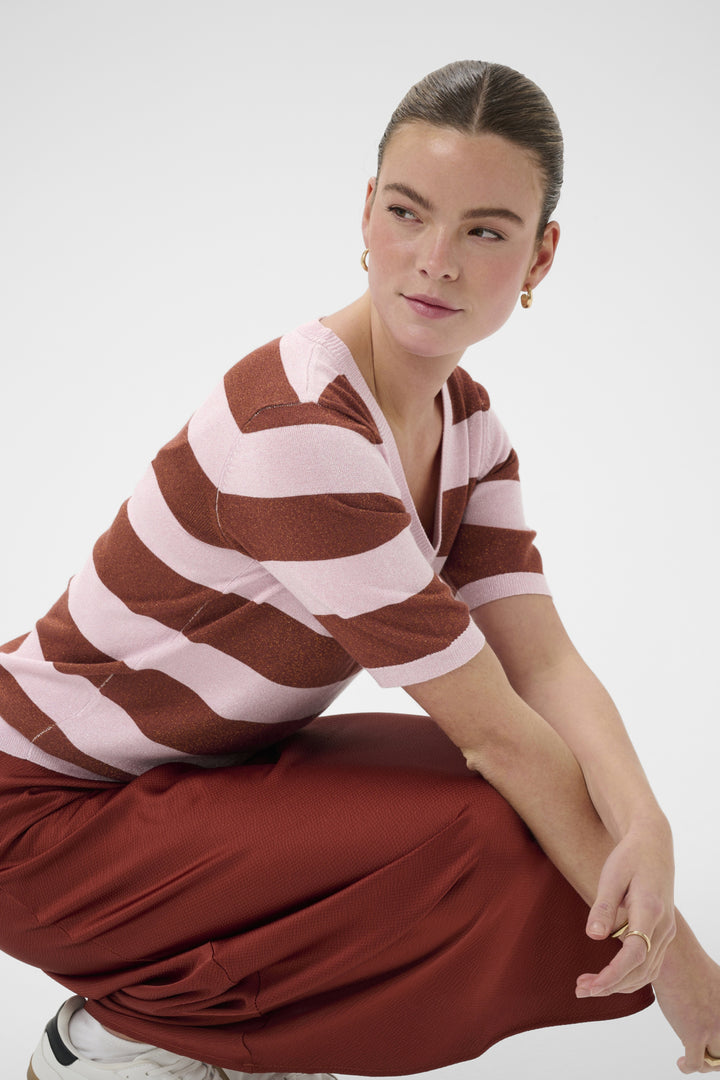 KAregina Stripe V-neck Pullover - Ballerina/Henna Shiny Stripe