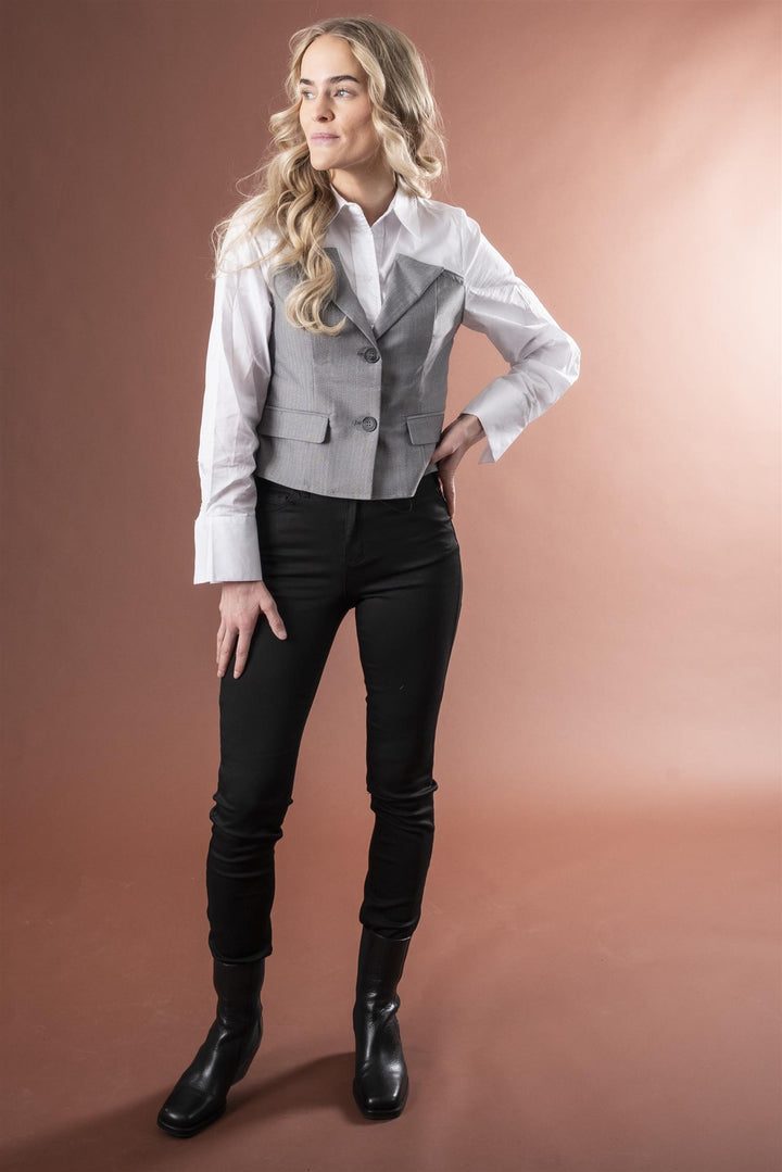 PollyCC Corsage Shirt - White w/Grey