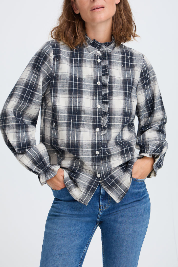 PZKAMMA FRILL SHIRT - BLUE BEIGE CHECK