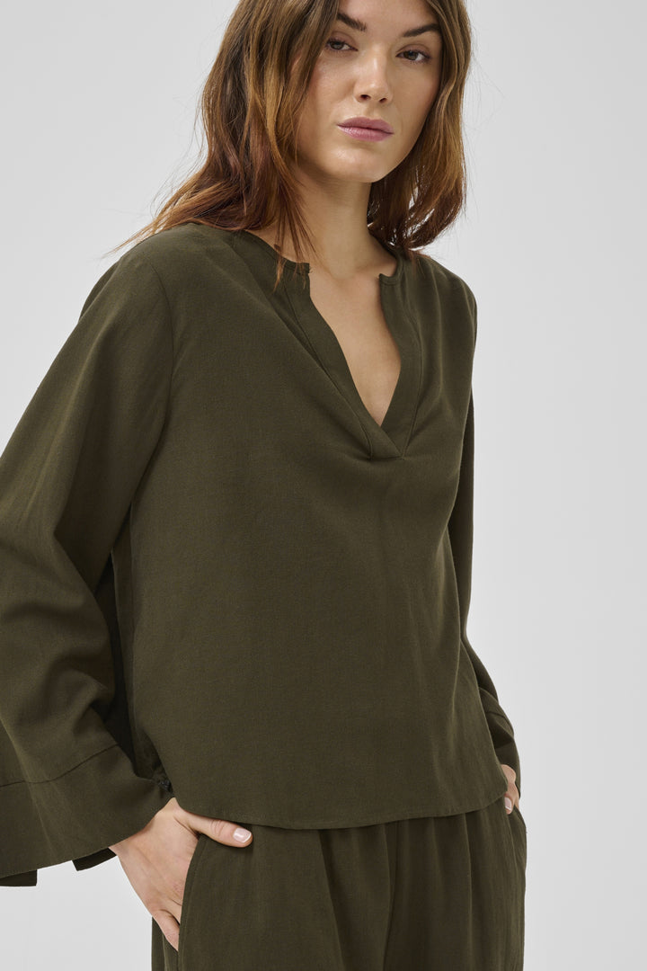 Dias Linen Blouse - Forest Night