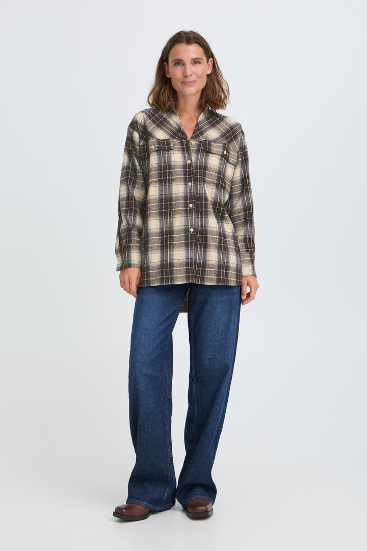 PZKAMMA OVERSIZED SHIRT - BEIGE ESPRESSO CHECK