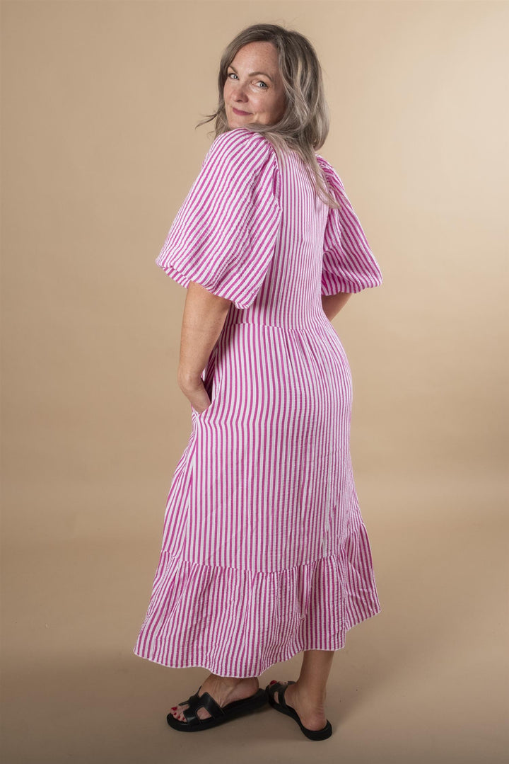 Margo Stripe Midi Dress - Cerise