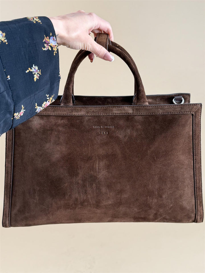 Acori Suede Leather Office Bag - Dark Brown