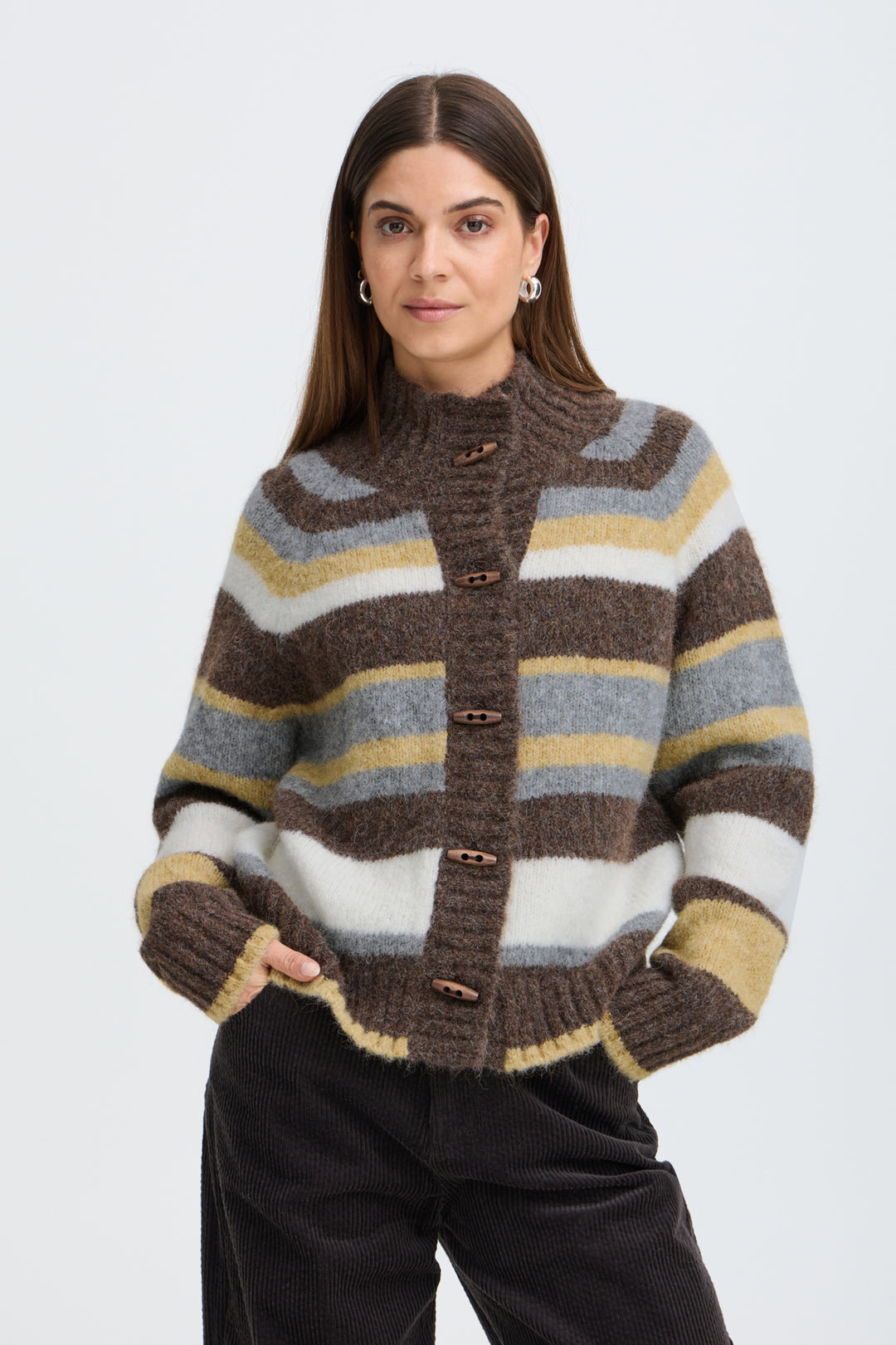 PZGEORGIE CARDIGAN - DARK BROWN WITH STRIPES