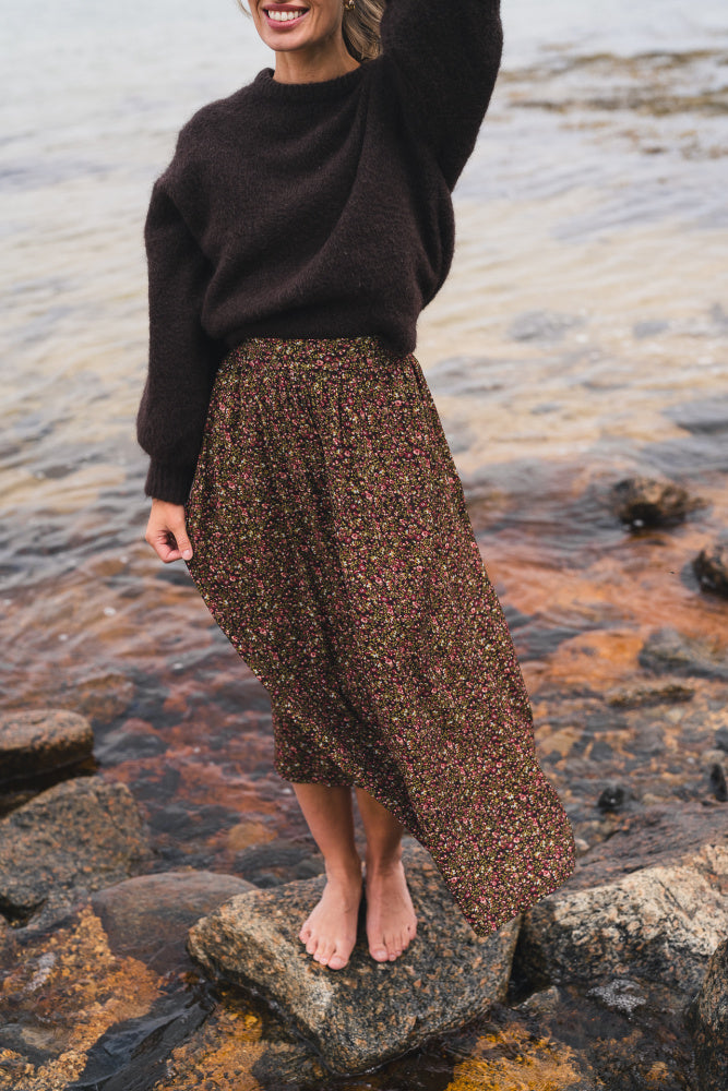 Astrid HighWaist Skirt - Black Coffee Flower