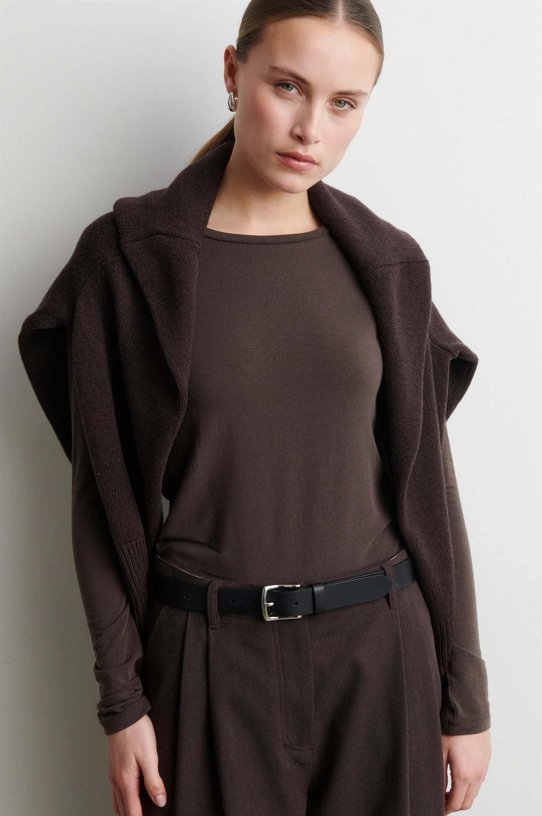 Matima O-Neck Long Sleeve Tee - Dark Brown