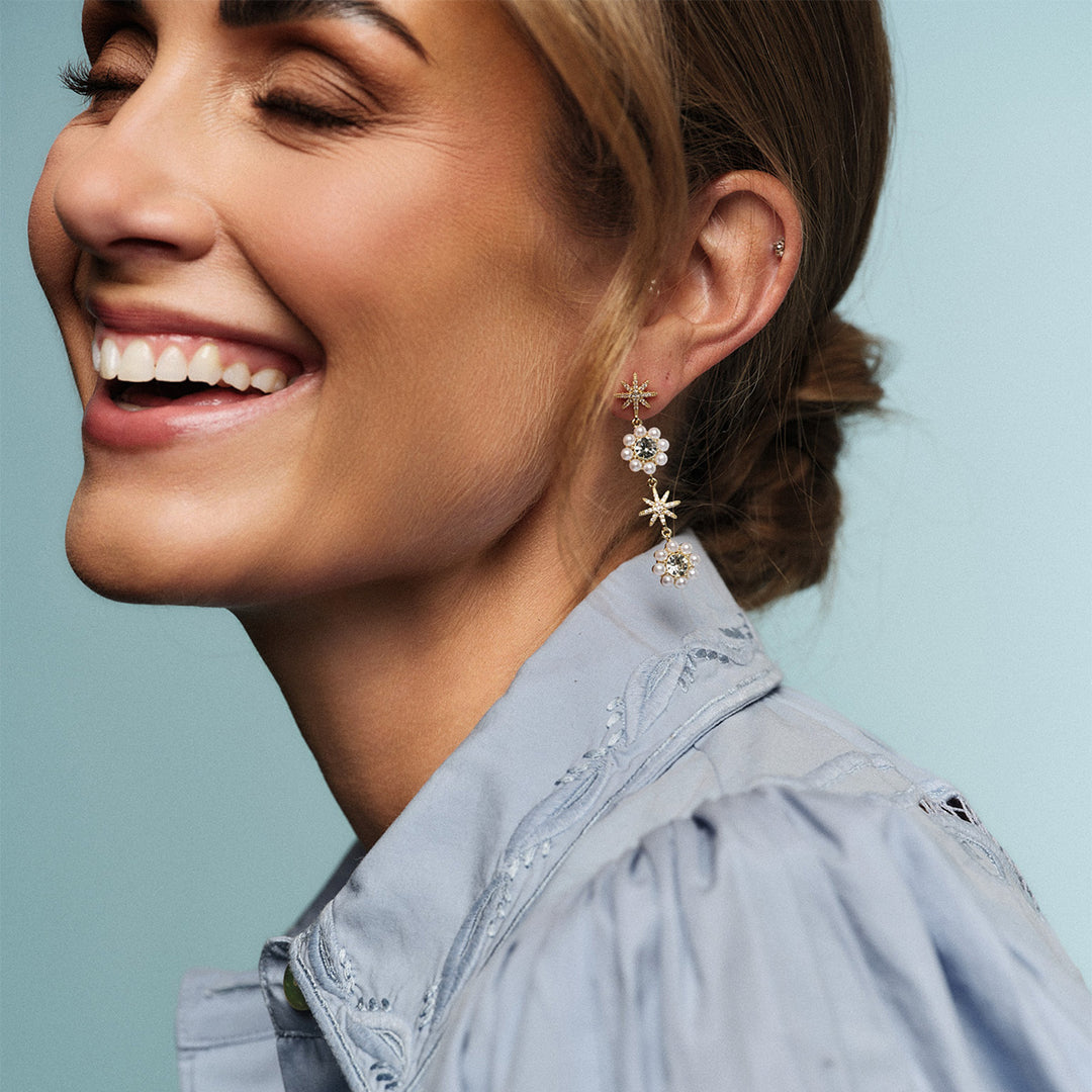 Cloud Dancer Statement Earrings by Tone Damli - Gold/Crystal/Pearls
