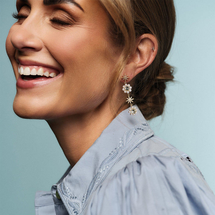 Cloud Dancer Statement Earrings by Tone Damli - Gold/Crystal/Pearls