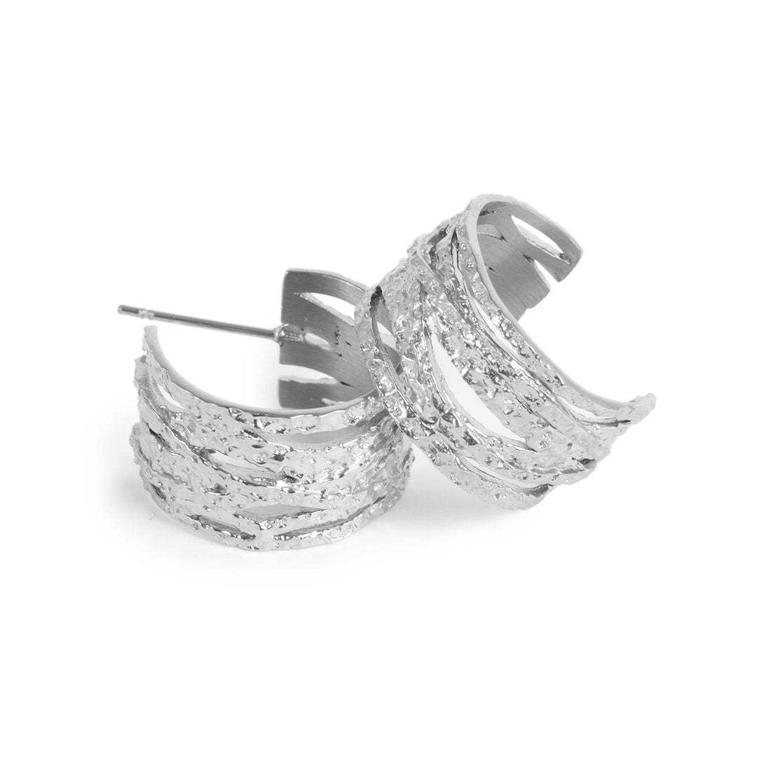 Steel Creol Stripy Wide Earring -Silver