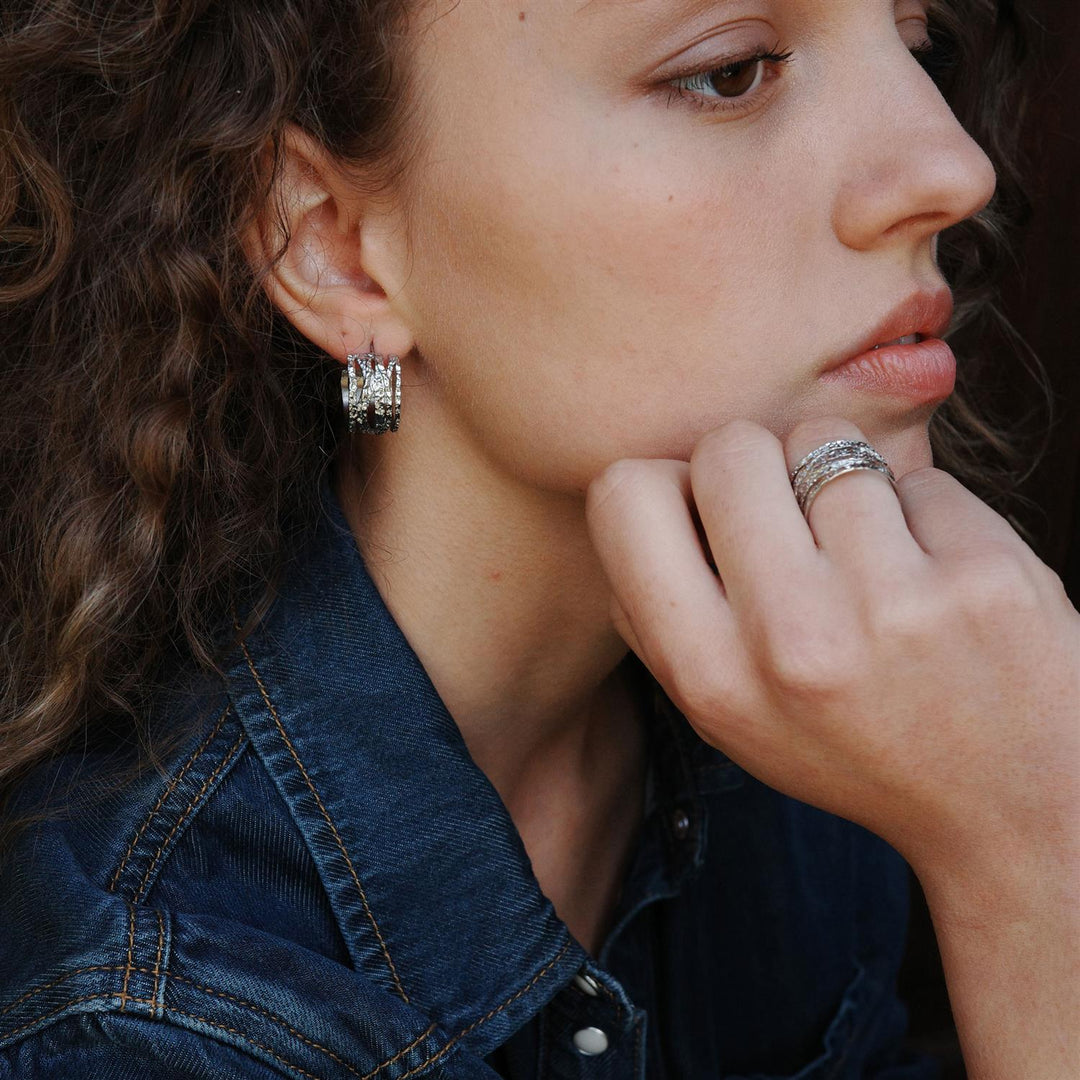 Steel Creol Stripy Wide Earring -Silver