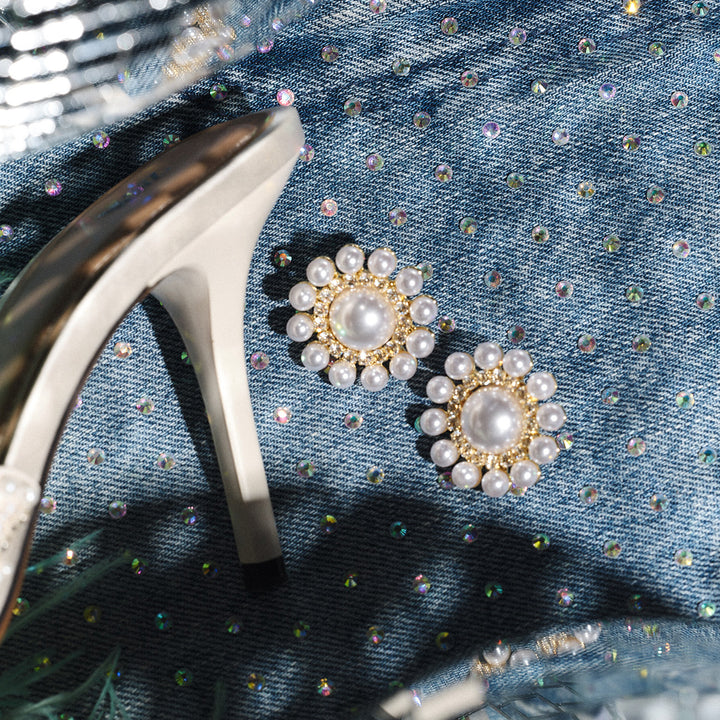 Solar Statement Earrings by Tone Damli - Gold/Crystal/Pearls