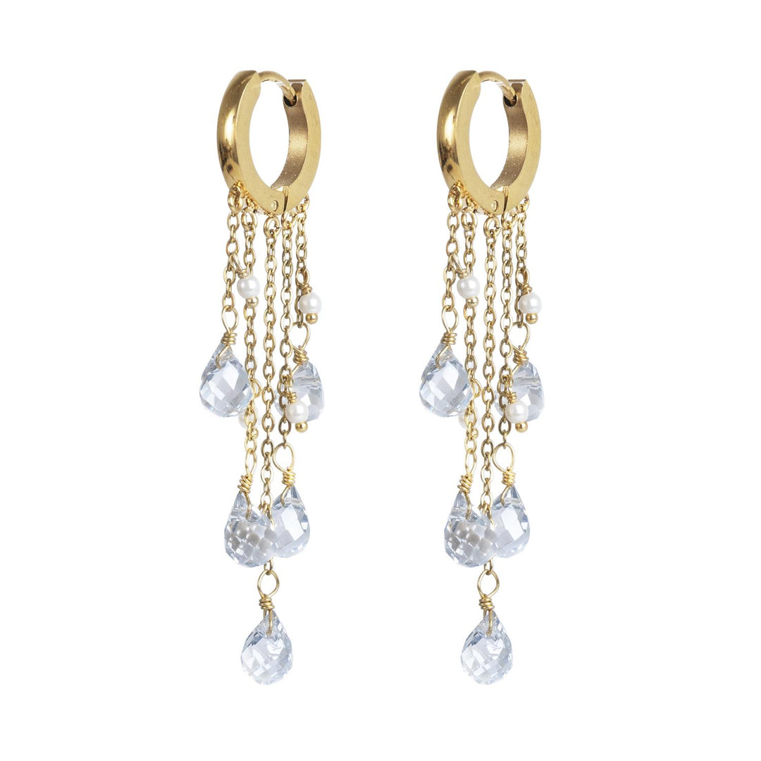 Skyfall Hoop Earring w/Chains by Tone Damli - Gold/Blue/Pearls