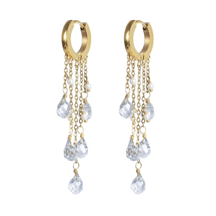 Skyfall Hoop Earring w/Chains by Tone Damli - Gold/Blue/Pearls