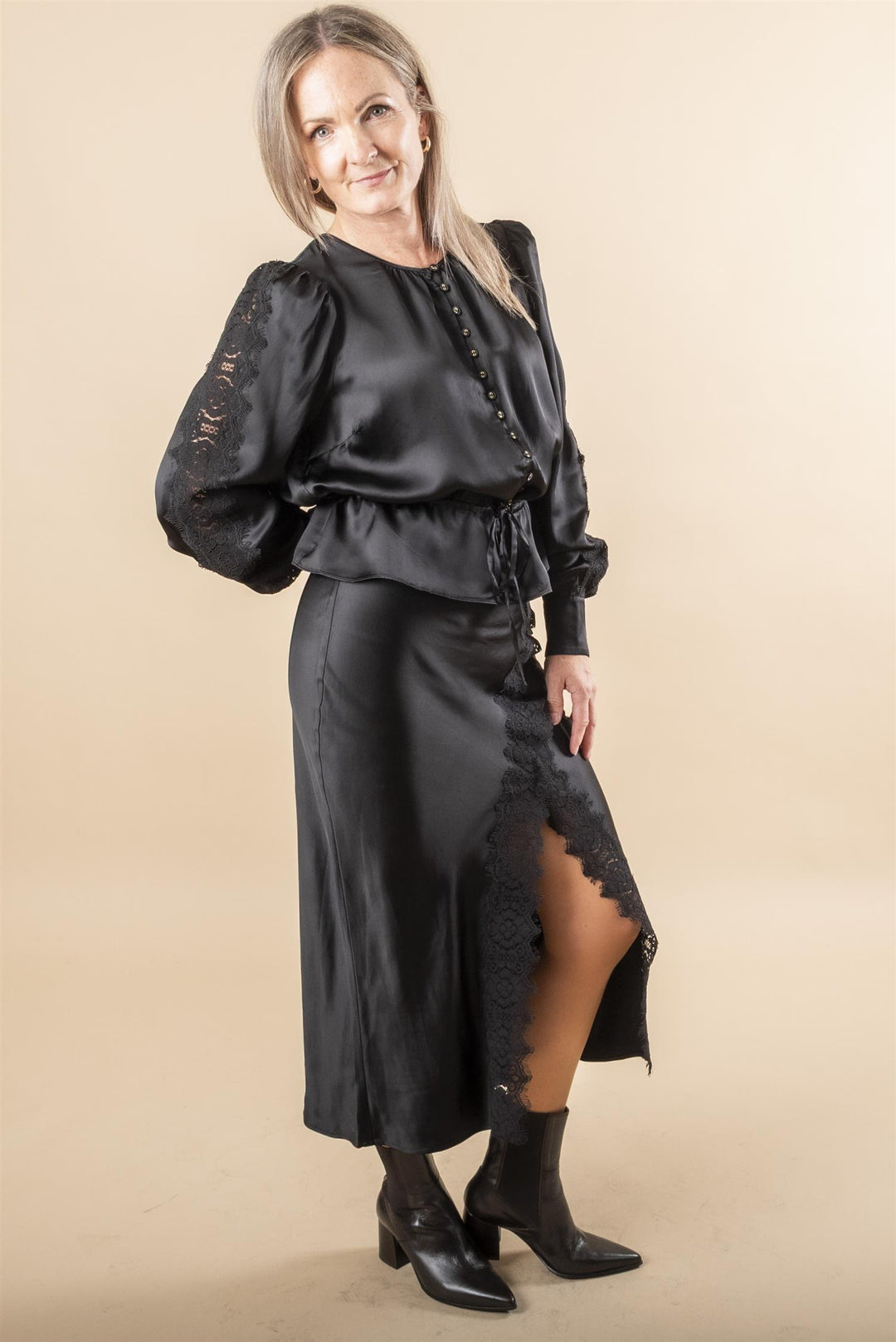Satin Tie Blouse - Black