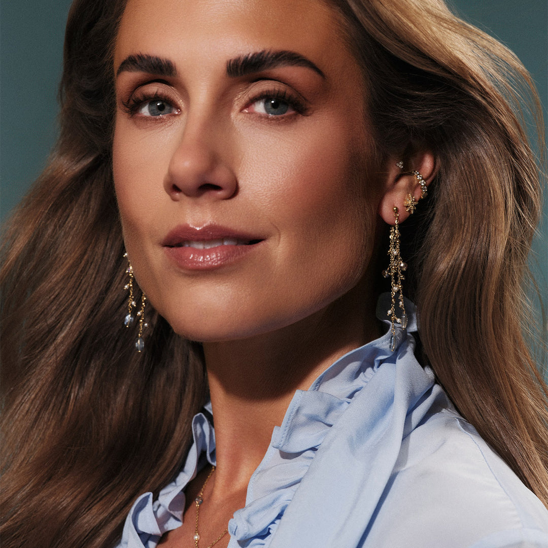 Heavenly Double Earring by Tone Damli - Gold/Blue/Pearls