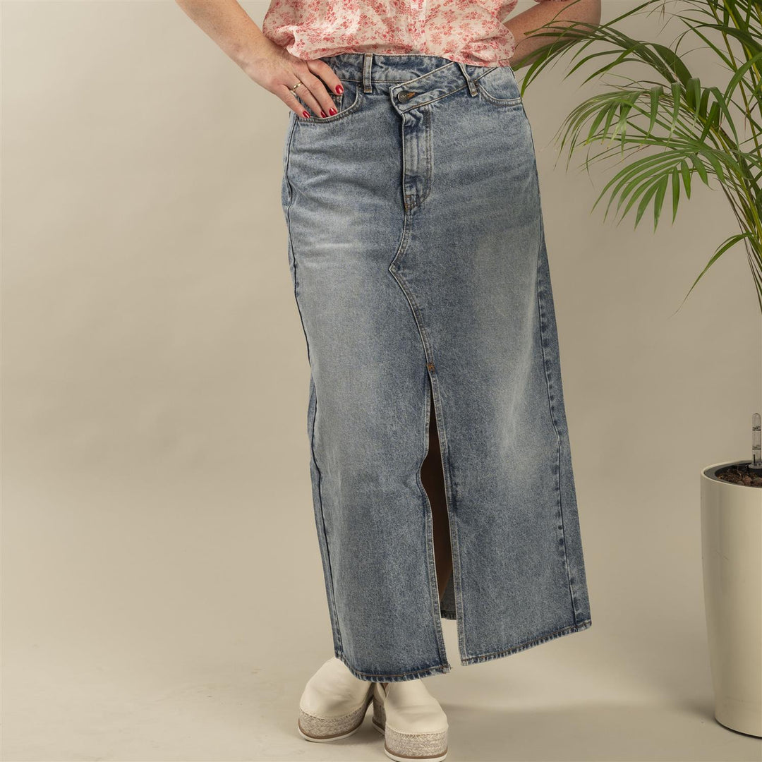 Vika Asym Slit Skirt - Vintage Blue Denim