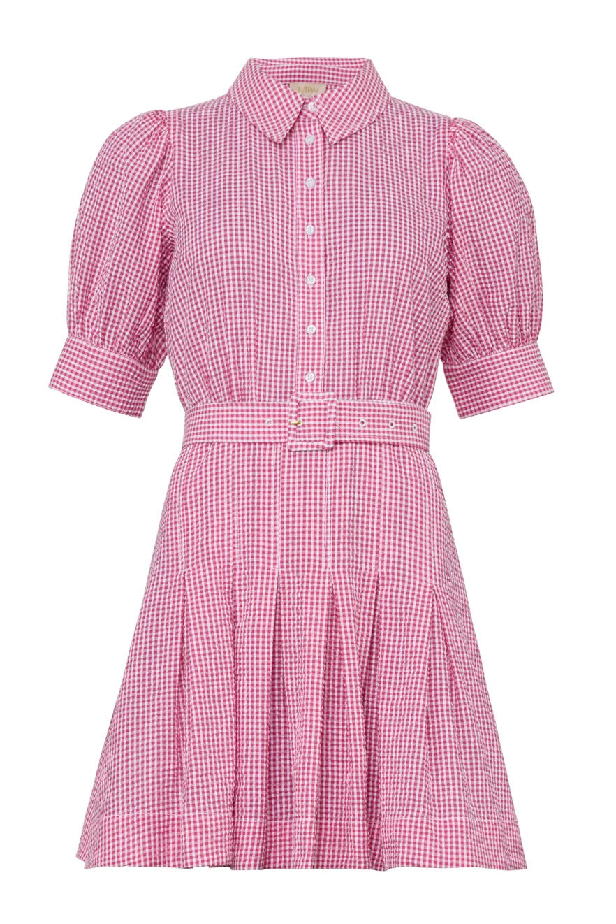 Seersucker Pleated Dress - Pink Checkes