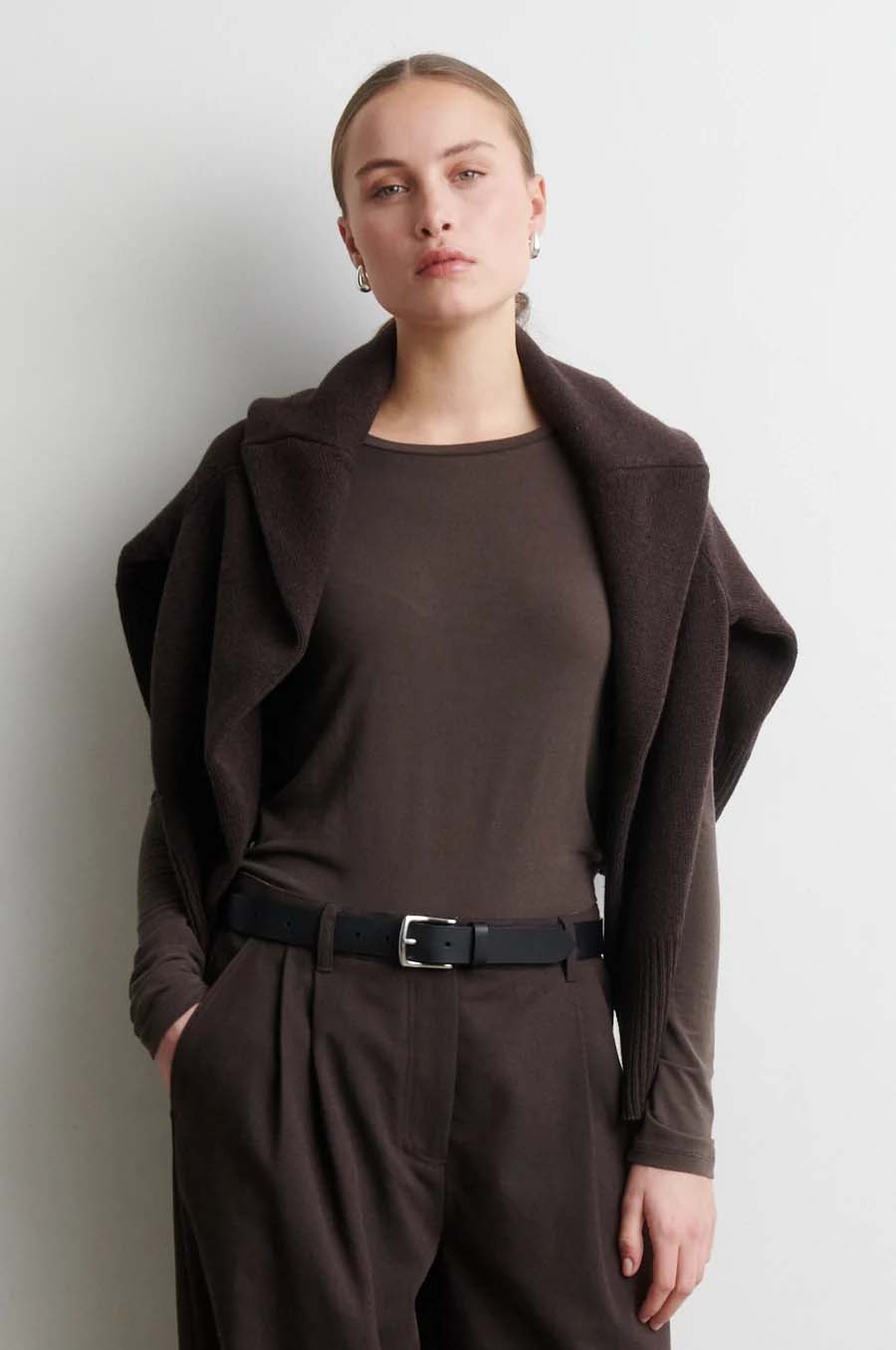 Matima O-Neck Long Sleeve Tee - Dark Brown
