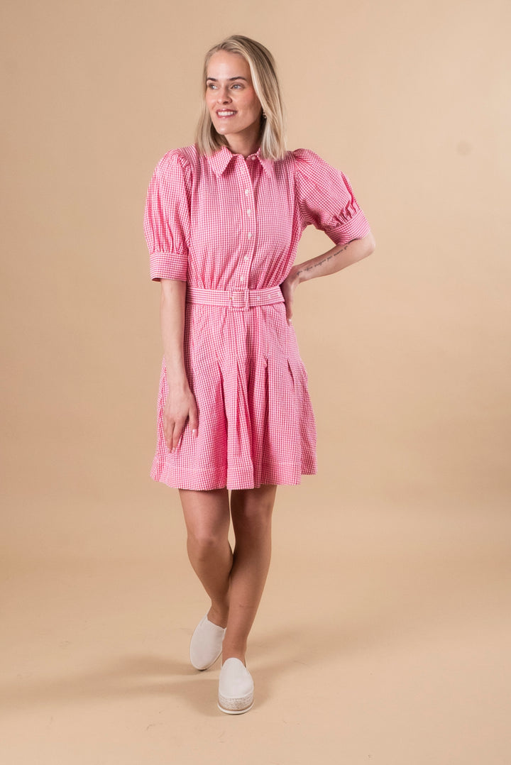 Seersucker Pleated Dress - Pink Checkes