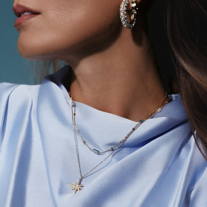 Blue Sky Short Necklace by Tone Damlie - Gold/Blue/Pearls