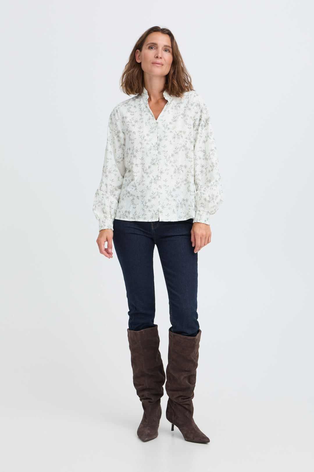 PZDEBORAH BLOUSE - BIRCH WITH BROWN FLOWERS
